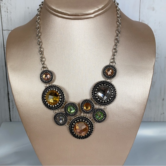 Premier Designs Necklace Circles Multicolored Silver Tone Statement Bib Boho - Picture 3 of 6
